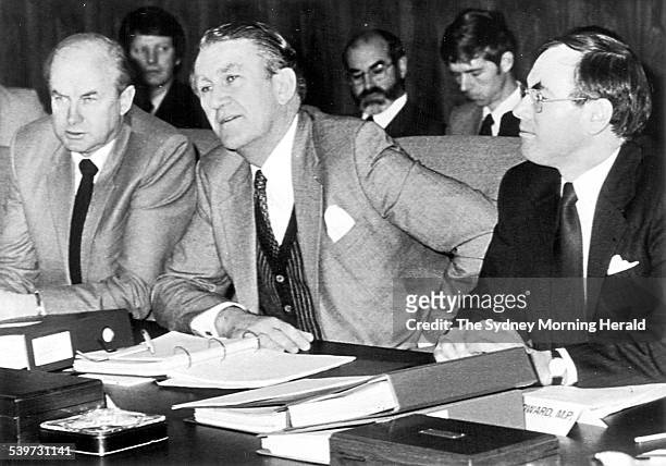From left, Minister for Primary Industry Peter Nixon, Prime Minister Malcolm Fraser and Federal Treasurer John Howard at the Premiers' Conference at...
