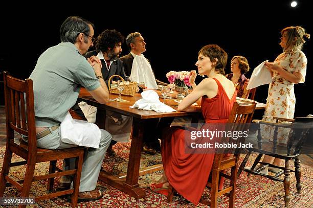 Amelia Bullmore , Jessica Hynes , Amanda Root , Stephen Mangan , Ben Miles and Paul Ritter perform in Alan Ayckbourn's play "Table Manners" which is...