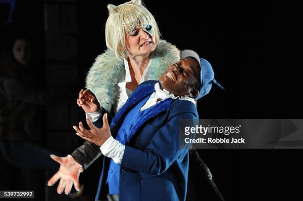 Alinka Kozari and Akiya Henry perform in The Opera Group's production of "Varjak Paw" at the Linbury Theatre Royal Opera House Covent Garden in...