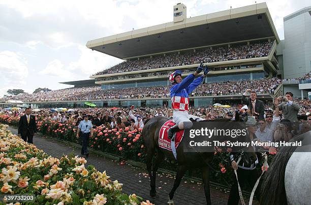 Spring Carnival 2005. Melbourne Cup winners. Jockey Glenn Boss on Makybe Diva celebrating her historic third Melbourne Cup win, 1 November 2005. SMH...