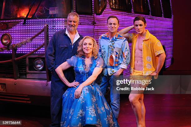 Clive Carter as Bob,Tony Sheldon as Bernadette,Jason Donovan as Tick and Oliver Thornton as Adam in the musical production "Priscilla Queen of the...