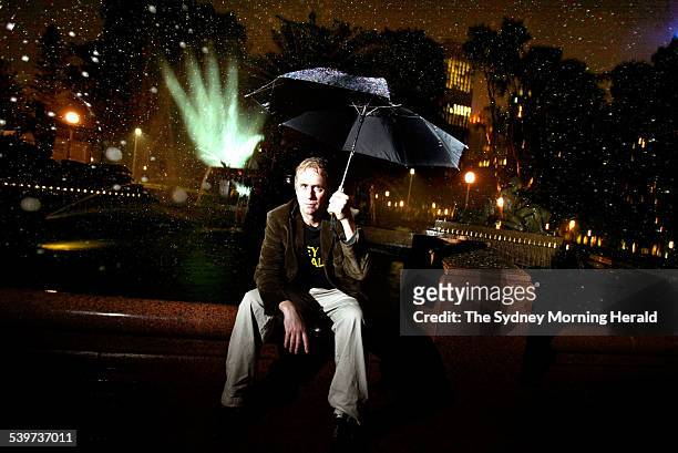 New York artist Tony Oursler takes a break while preparing his video installation, Blue Invasion, in Hyde Park as part of the Sydney Festival, 6...