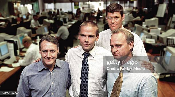 From left, One.Tel investors Brad Keeling, Lachlan Murdoch, James Packer and Jodee Rich, 15 August 1999. AFR Picture by JESSICA HROMAS