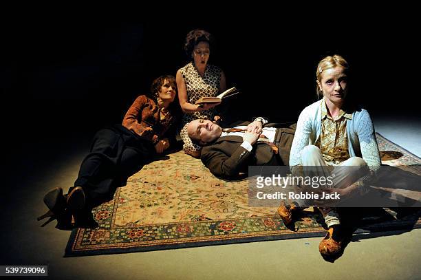 Lorraine Ashbourne as Aunt Dan, Mary Roscoe as Mother, Paul Chahidi as Father and Jane Horrocks as Lemon in the production of Wallace Shawn's play...