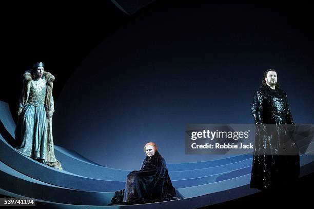 Anja Kampe as Isolde, Torsten Kerl as Tristan and Georg Zeppenfeld as King Marke in the production of Richard Wagner's opera "Tristan Und Isolde",...