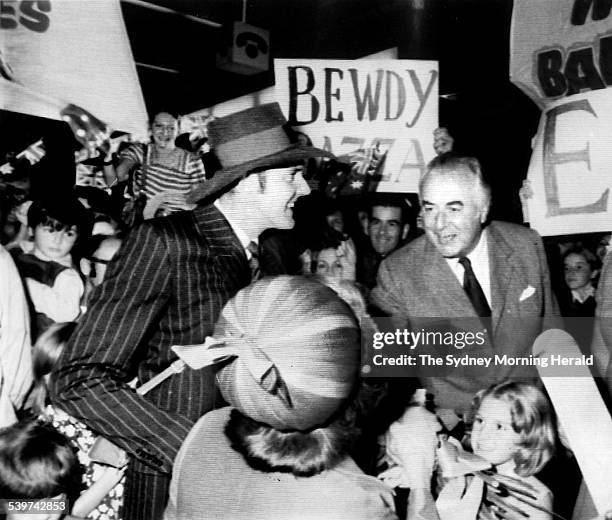 Barry Crocker meets Prime Minister Gough Whitlam and his wife Margaret during filming of 'Barry McKenzie Holds His Own' at Sydney Airport, 20 April...