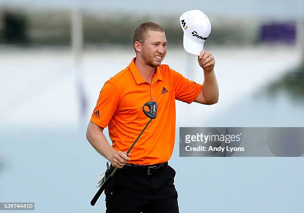 Daniel Berger reacts after winning the FedEx St. Jude Classic during the final round at TPC Southwind on June 12, 2016 in Memphis, Tennessee. Berger...