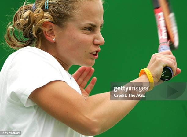 Jelena Dokic shows her determination to win a Wild Card entry to the Australian Open, during a qualifying match in Melbourne, 16 December 2005. THE...