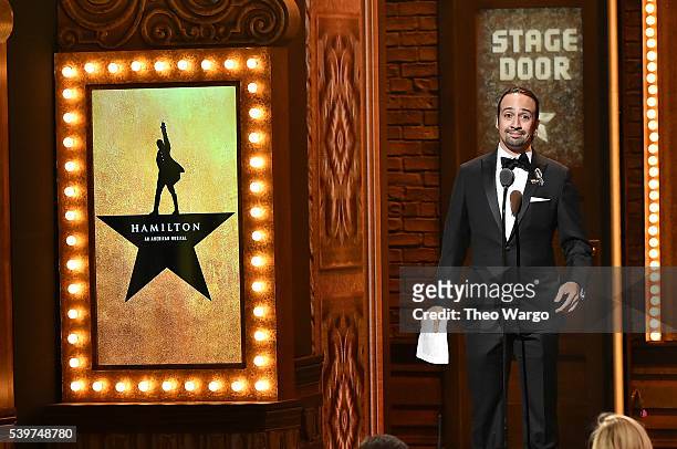 Lin-Manuel Miranda accepts the award for Best Score of a Musical for "Hamilton" onstage during the 70th Annual Tony Awards at The Beacon Theatre on...