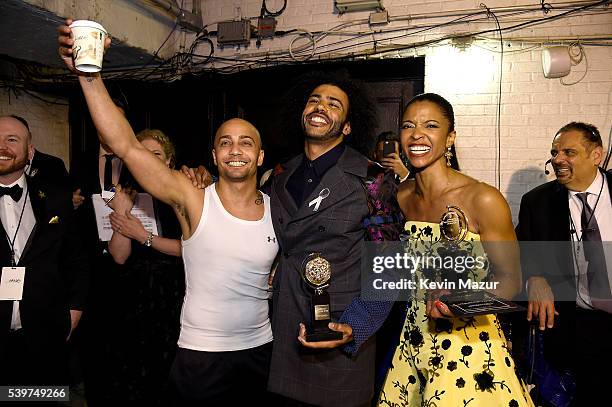 Christopher Jackson, Daveed Diggs and Renee Elise Goldsberry attend the 70th Annual Tony Awards at The Beacon Theatre on June 12, 2016 in New York...