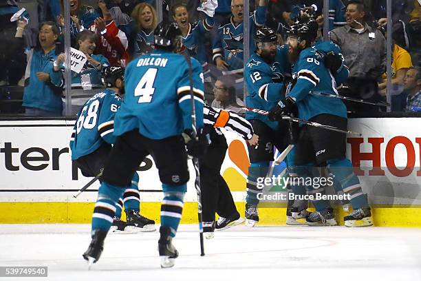 Logan Couture of the San Jose Sharks celebrates his goal with teammates in the second period of Game Six of the 2016 NHL Stanley Cup Final against...
