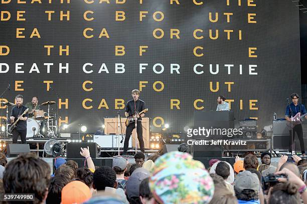 Recording artist Nick Harmer, Jason McGerr and Ben Gibbard of Death Cab For Cutie performs onstage at What Stage during Day 4 of the 2016 Bonnaroo...