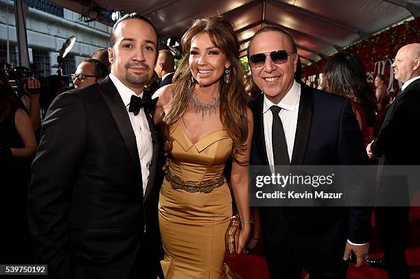 Lin-Manuel Miranda, Thalia and Tommy Mottola attend the 70th Annual Tony Awards at The Beacon Theatre on June 12, 2016 in New York City.