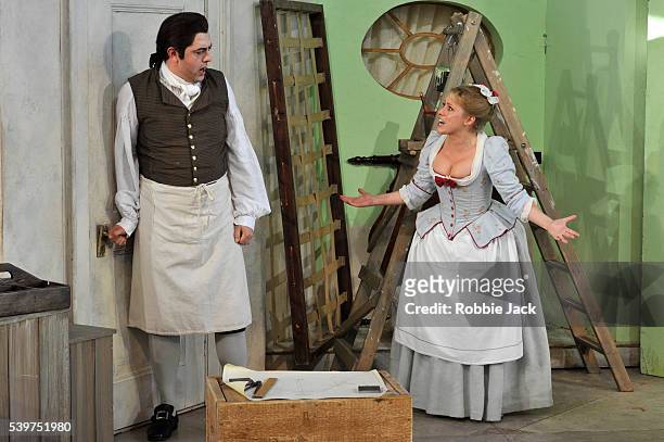 Sophie Evans as Susanna and James Oldfield as Figaro in Garsington Opera's production of Wolfgang Amadeus Mozart's "Le Nozze Di Figaro" directed by...