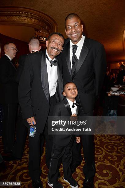 Wynn Thomas, Julian Peterson and Malcolm Peterson attend FIJI Water at 2016 Tony Awards at The Beacon Theatre on June 12, 2016 in New York City.