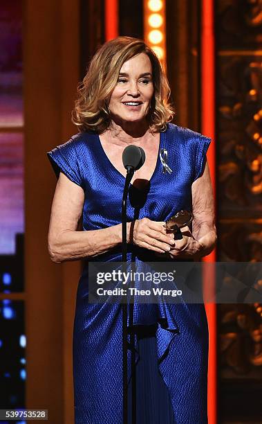 Actress Jessica Lange accepts the award for Best Performance by an Actress in a Leading Role in a Play for "Long Day's Journey Into Night" onstage...
