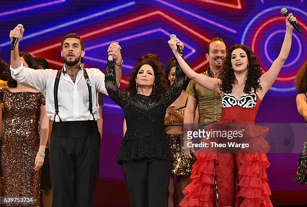 Josh Segarra, Gloria Estefan and Ana Villafane of 'On Your Feet!' perform onstage during the 70th Annual Tony Awards at The Beacon Theatre on June...