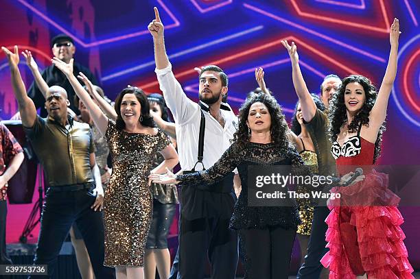 Josh Segarra, Gloria Estefan and Ana Villafane of 'On Your Feet!' perform onstage during the 70th Annual Tony Awards at The Beacon Theatre on June...