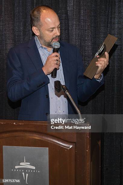 Festival Director and Chief Curator Carl Spence speaks during the Seattle International Film Festival Golden Space Needle Awards ceremony on June 12,...