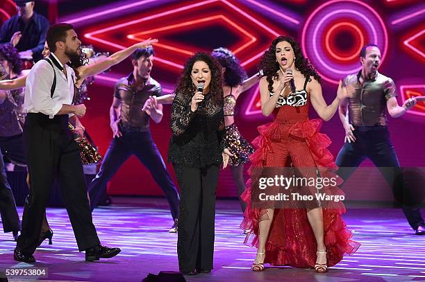 Josh Segarra, Gloria Estefan and Ana Villafane of 'On Your Feet!' perform onstage during the 70th Annual Tony Awards at The Beacon Theatre on June...