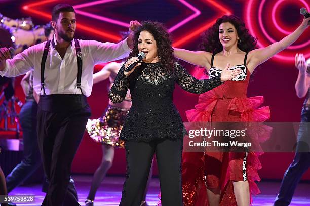 Josh Segarra, Gloria Estefan and Ana Villafane of 'On Your Feet!' perform onstage during the 70th Annual Tony Awards at The Beacon Theatre on June...