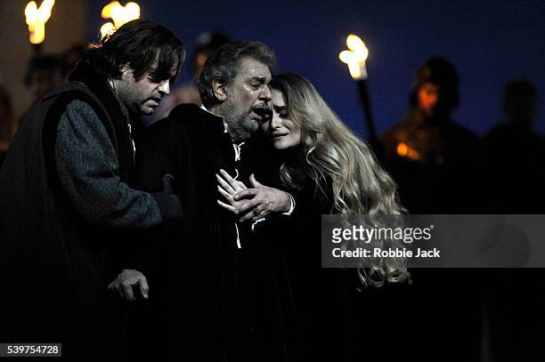 Joseph Calleja as Gabriele Adorno,Placido Domingo as Simon Boccanegra and Marina Poplavskaya as Amelia Grimaldi in the Royal Opera's production of...