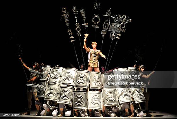 Alexander Volchkov as Crassus with artists of the company in the Bolshoi Ballet's production of Yuri Grigorovich's "Spartacus" at the Royal Opera...
