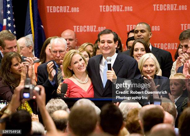 Tea Party favorite Ted Cruz with wife Heidi of Houston talks to supporters after his upset victory of Texas Lt. Governor David Dewhurst in the...