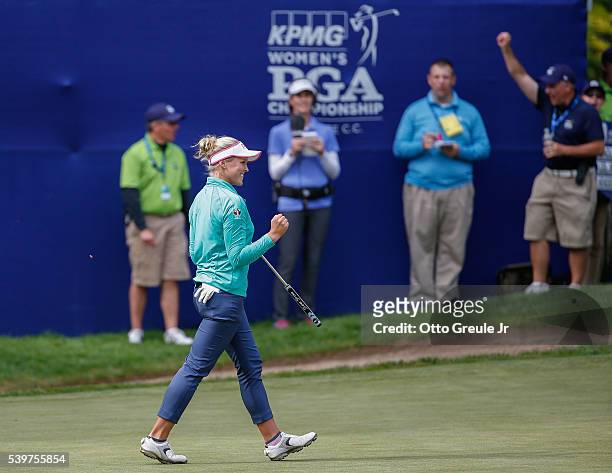 Brooke Henderson of Canada reacts after making a putt on the 17th hole during the final round of the KPMG Women's PGA Championship at Sahalee Country...