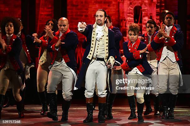 Lin-Manuel Miranda and the cast of 'Hamilton' perform onstage during the 70th Annual Tony Awards at The Beacon Theatre on June 12, 2016 in New York...