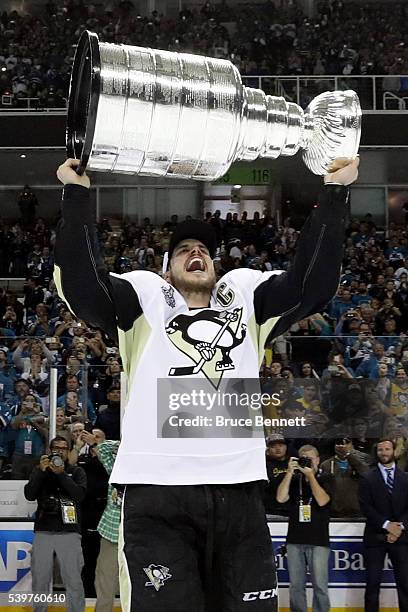 Sidney Crosby of the Pittsburgh Penguins celebrates with the Stanley Cup after their 3-1 victory to win the Stanley Cup against the San Jose Sharks...