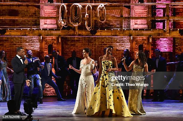 Leslie Odom Jr., Phillipa Soo, Renee Elise Goldsberry, and Jasmine Cephas Jones perform onstage during the 70th Annual Tony Awards at The Beacon...