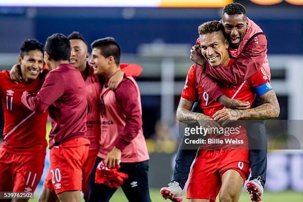 Players of Peru celerate after winning a group B match between Brazil and Peru at Gillette Stadium as part of Copa America Centenario US 2016 on June...