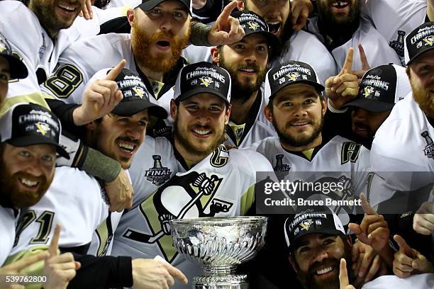 Sidney Crosby and the Pittsburgh Penguins celebrate after their 3-1 victory to win the Stanley Cup against the San Jose Sharks in Game Six of the...