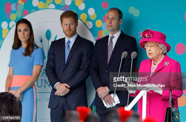 Catherine, Duchess of Cambridge, Prince Harry and Prince William, Duke of Cambridge look on as Queen Elizabeth II makes a speech during 'The Patron's...