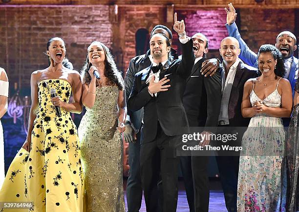 The cast of "Hamilton" performs onstage during the 70th Annual Tony Awards at The Beacon Theatre on June 12, 2016 in New York City.