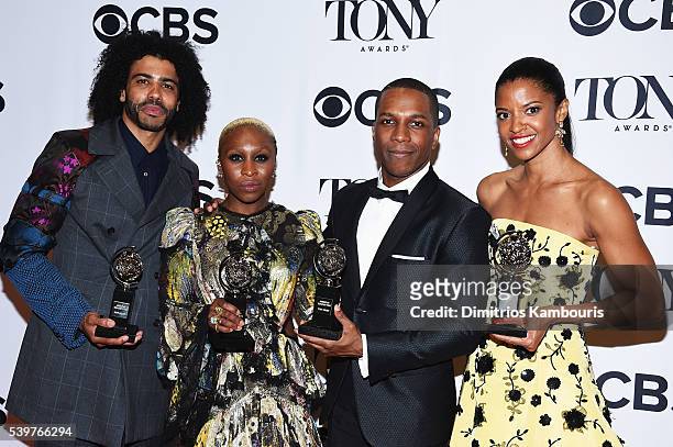 Daveed Diggs, Cynthia Erivo, Leslie Odom, Jr., and Renee Elise Goldsberry pose in the press room with their awards at the 70th Annual Tony Awards at...