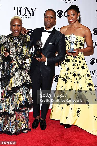 Actors Cynthia Erivo, Leslie Odom, Jr., and Renee Elise Goldsberry pose in the press room at the 70th Annual Tony Awards at The Beacon Theatre on...