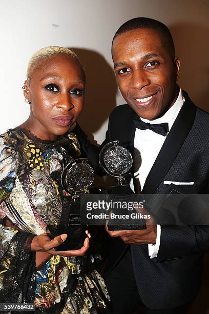Actress Cynthia Erivo and actor Leslie Odom, Jr. Pose in the press room with their awards at the 70th Annual Tony Awards - Press Room at Beacon...