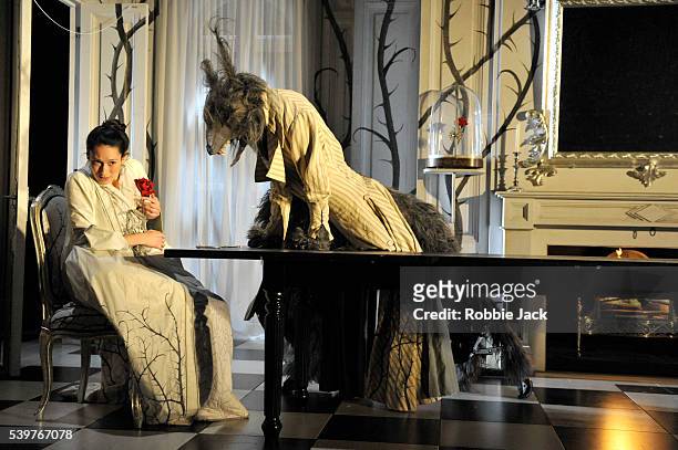 Sian Clifford as Beauty and Mark Arends as Beast in the National Theatre's production of "Beauty and the Beast" directed by Katie Mitchell at the...