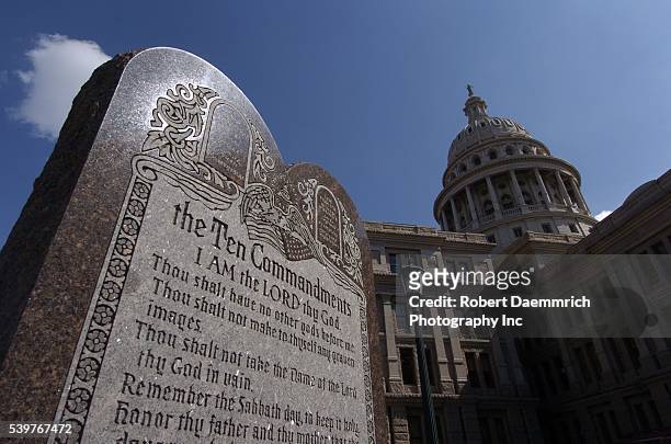 Six-foot high tablet of the Ten Commandments, which is located on the grounds of the Texas Capitol Building in Austin, Texas, is seen on February 28,...