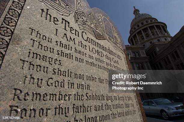 Six-foot high tablet of the Ten Commandments, which is located on the grounds of the Texas Capitol Building in Austin, Texas, is seen on February 28,...