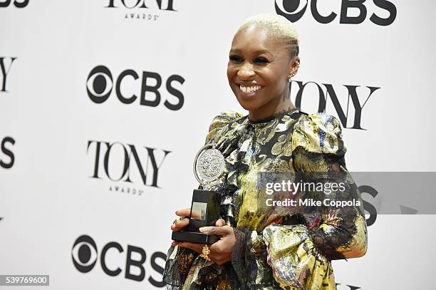 Actress Cynthia Erivo poses in the press room with the award for Best Performance by an Actress in a Leading Role in a Musical at the 70th Annual...