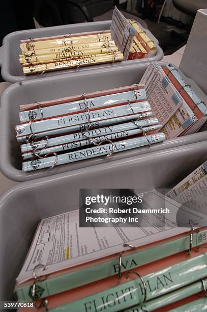 Closeup of systems checklist books in the Mission Control Center for upcoming space shuttle flight STS-114, the next shuttle flight scheduled for...