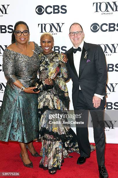 Oprah Winfrey, Cynthia Erivo and Scott Sanderattend 2016 Tony Awards - Media Room at The Jewish Community Center in Manhattan on June 12, 2016 in New...