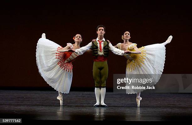 Tim Matiakis, Diana Cuni, and Tina Hojlund of the Royal Danish Ballet in the production La Ventana at Sadler's Wells Theatre, London.