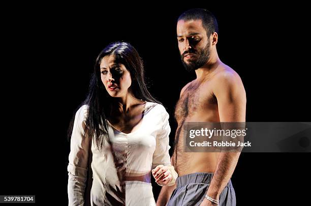 Houda Echouafni as Shaharazad and Assaad Bouab as Sharayar in Tim Supple's "One Thousand And One Nights" directed by Tim Supple at the Royal Lyceum...