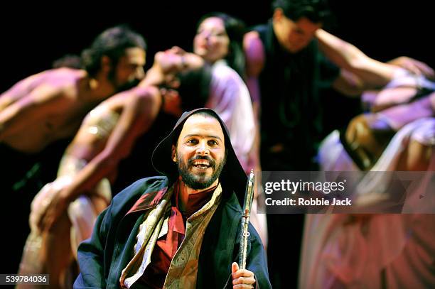Assaad Bouab as Sharayar with artists of the company in Tim Supple's "One Thousand And One Nights" directed by Tim Supple at the Royal Lyceum Theatre...