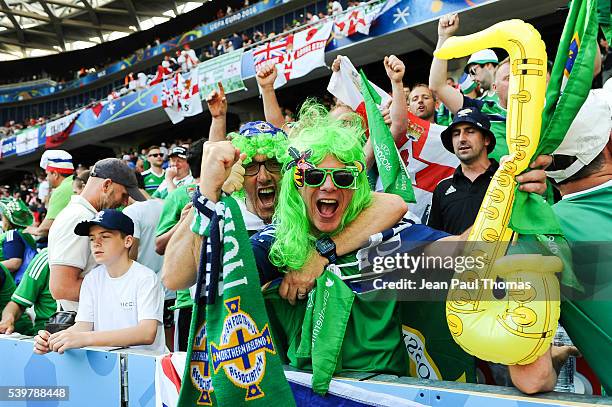 Northern Ireland supporters during Group-C preliminary round between Poland and Northern Ireland at Allianz Riviera Stadium on June 12, 2016 in Nice,...