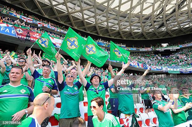 Northern Ireland supporters during Group-C preliminary round between Poland and Northern Ireland at Allianz Riviera Stadium on June 12, 2016 in Nice,...